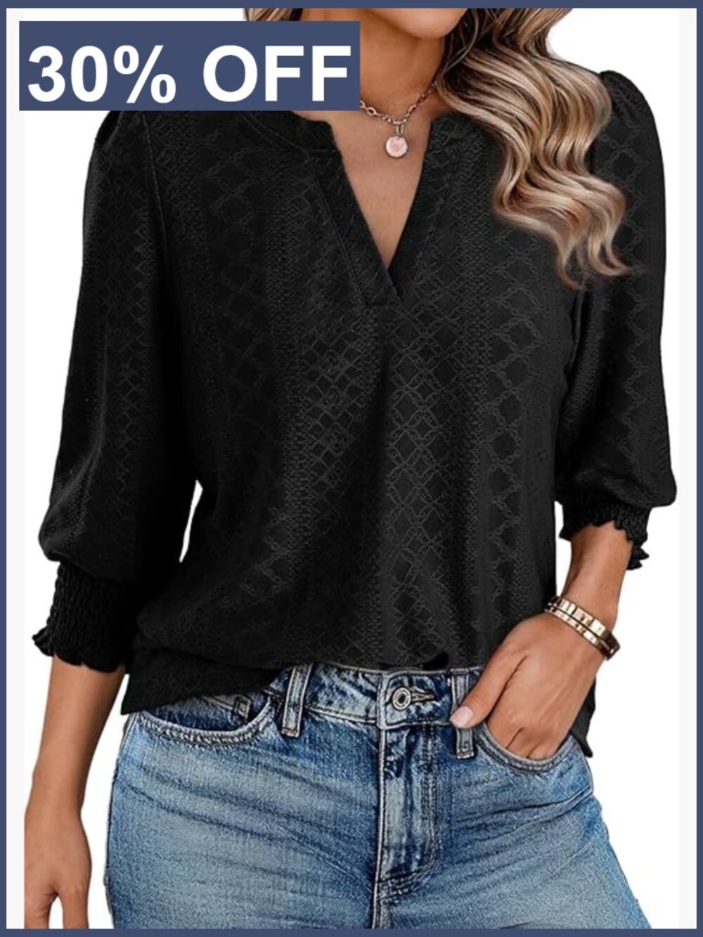 Hollow Out V-Neck 3/4 Sleeve Blouse Dressy Casual Business T-Shirt
